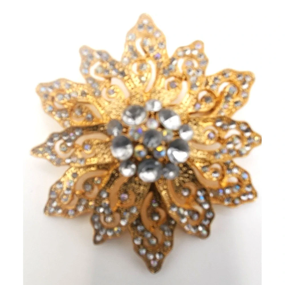 Vintage Sunburst Starburst Rhinestone Brooch AB Crystal Gold Tone 2.25